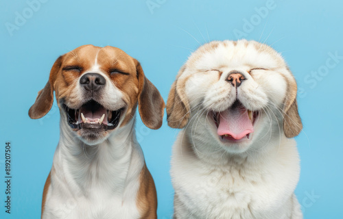 Banner two smiling Beagle and Exotic Shorthair Cat with happy expression. and closed eyes. Isolated on blue colored background, studio shot against a single pastel color background