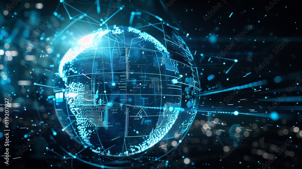 Digital lock icon integrated into a holographic globe, representing global security, futuristic, blue and white, hightech world protection Digital lock icon integrated into a holographic globe, representing global security, futuristic, blue and white, hightech world protection