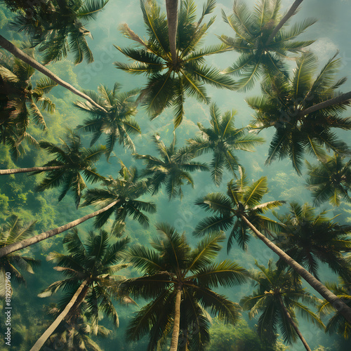 Tropical Canopy - Aerial View of Lush Palm Trees in Sunlight