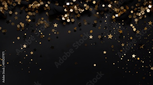 Black and gold stars confetti on dark black background.