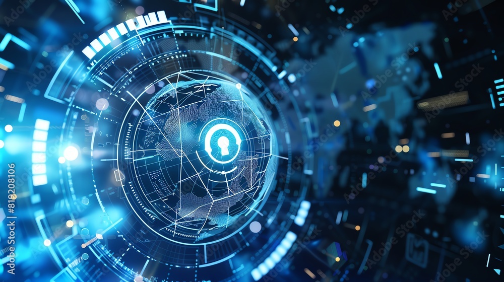 Futuristic digital interface with blue technology elements and a glowing keyhole, symbolizing cybersecurity and data protection. Futuristic digital interface with blue technology elements and a glowing keyhole, symbolizing cybersecurity and data protection.