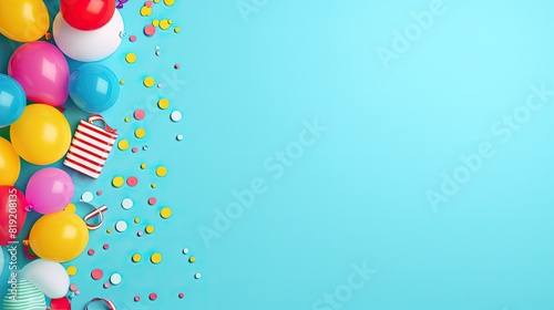 Colorful balloons and confetti on blue background.