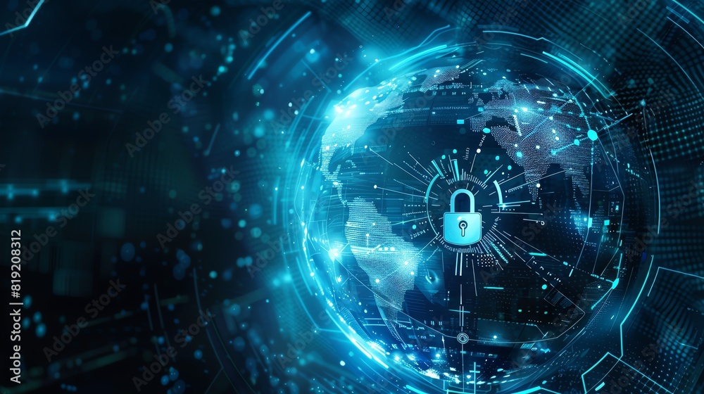 Obraz premium Digital global cybersecurity concept with a padlock symbolizing data protection and network security in a futuristic world of technology.