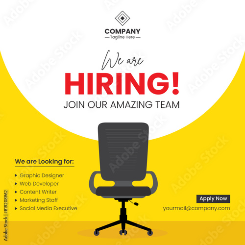 We are hiring announcement vector creative design and social media post template. Hiring recruitment open vacancy design. Hiring creative poster. Hiring Job flyer design. Employees requirement.