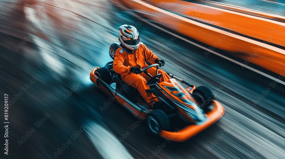 Obraz premium A karting racer in full gear takes a sharp turn, captured with a motion blur background depicting speed