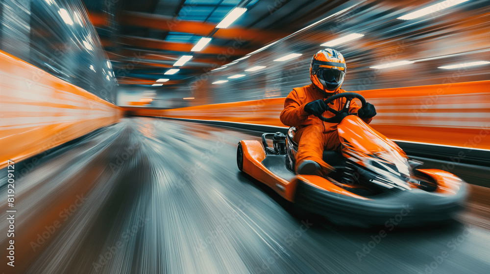 High-speed action shot of a racer in an orange suit driving a go-kart on an indoor track, motion blur effect