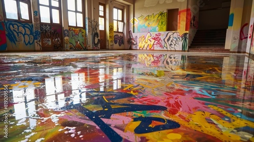 Indoor setting with walls and floor covered in vibrant graffiti art