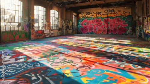 Indoor space, likely a warehouse or an abandoned building, with walls and a floor completely covered in graffiti photo