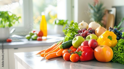 Fresh Vegetables Still Life on Modern Kitchen Counter: Healthy Eating Concept