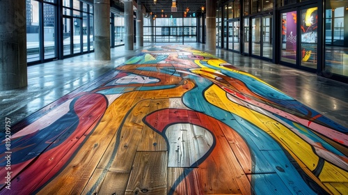 Interior space with a colorful graffiti-style artwork painted on the floor, large windows allowing natural light, a series of columns, and a glass door at the end photo
