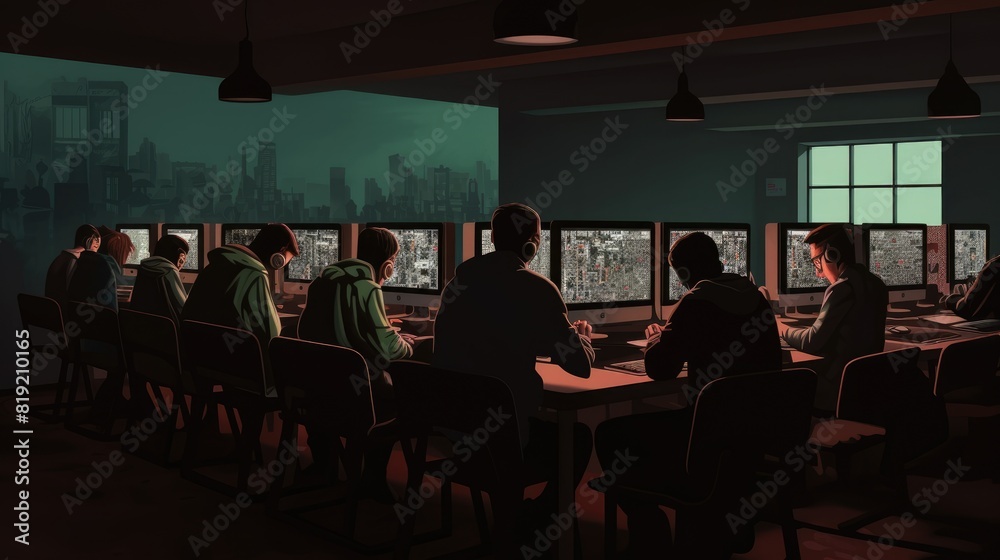 Silhouettes of people sitting in front of computers and looking at the city view Silhouettes of people sitting in front of computers and looking at the city view