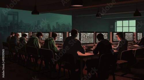 Silhouettes of people sitting in front of computers and looking at the city view