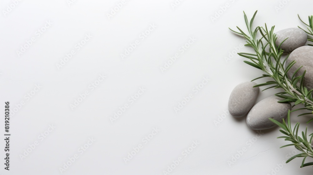 Spa background with rosemary and pebbles on white background