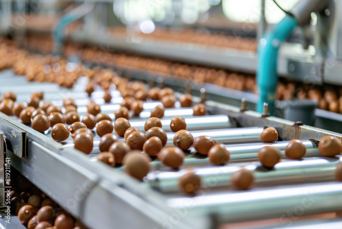 closeup of On a bright summer day, in the production workshop of the Japanese macadamia nut factory, there are three fully automatic production lines, which are operating automatically photo