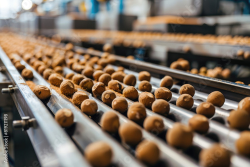 closeup of On a bright summer day, in the production workshop of the Japanese macadamia nut factory, there are three fully automatic production lines, which are operating automatically photo