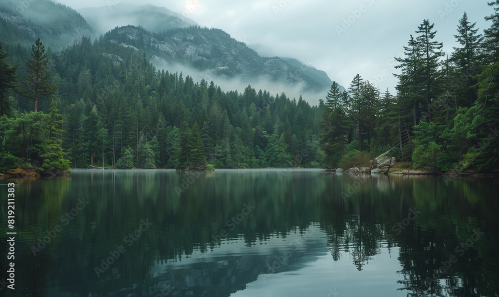 A calm lake surrounded by green trees and mountains. This is a scenery where the water reflects mountain peaks and clouds, creating a picturesque image of harmony with nature