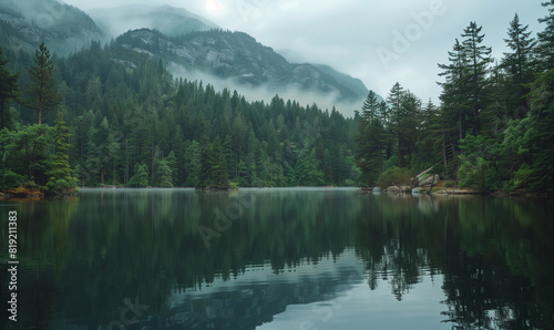 A calm lake surrounded by green trees and mountains. This is a scenery where the water reflects mountain peaks and clouds, creating a picturesque image of harmony with nature © Sawyer0