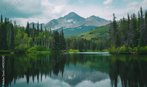 A calm lake surrounded by green trees and mountains. This is a scenery where the water reflects mountain peaks and clouds  creating a picturesque image of harmony with nature