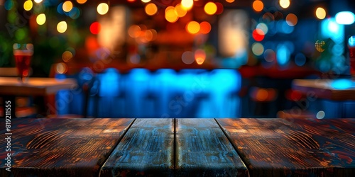 Ideal Setting for Product Display: Blurry Wooden Table in Cafe with Bokeh Lights. Concept Product Display, Blurry Background, Wooden Table, Cafe Setting, Bokeh Lights