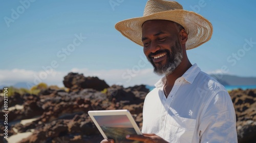 Man with Tablet on Beach photo