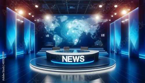 A modern and dynamic newsroom set, featuring a sleek news desk with the word 