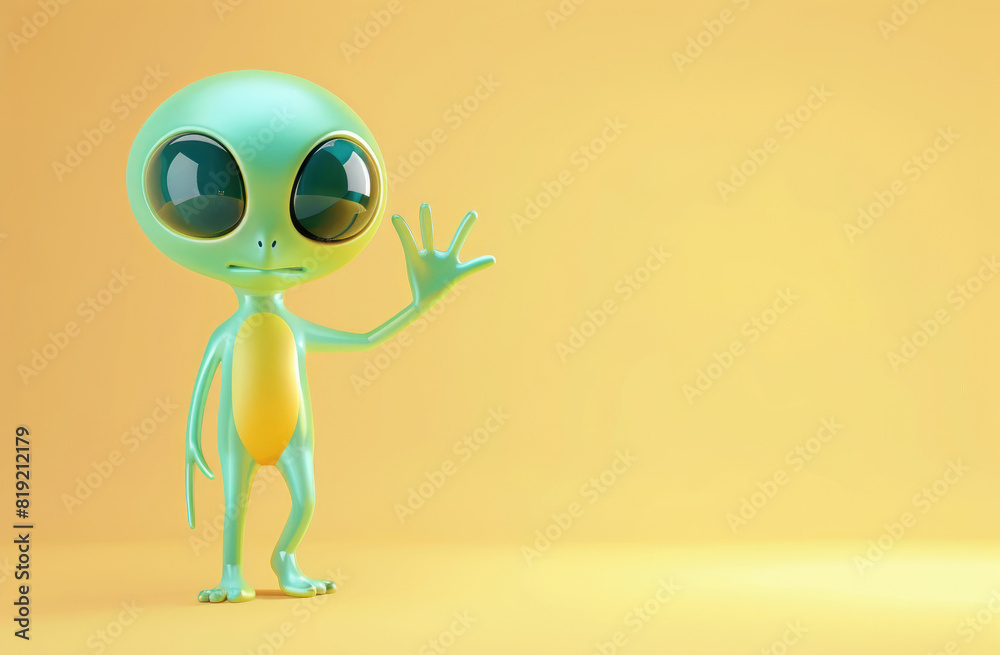 cute alien 3D cartoon character waving to camera, 3D rendering illustration, minimalistic, soft studio lighting, solid color background