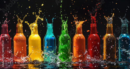 explosin of coloured bottled isolated in black background photo