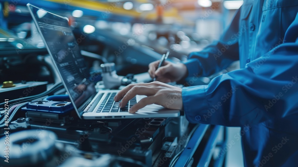Automobile factory engineer in uniform working using laptop computer Working with software at manufacturing plants in the automotive industry Automobile factory engineer in uniform working using laptop computer Working with software at manufacturing plants in the automotive industry