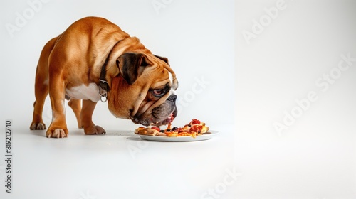 Bulldog eats pizza greedily There is protracted salivation. Stands out on a white background. photo