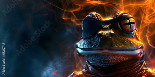 Confident and Stylish Cyberpunk Frog Knight with a Black Eyepatch. Concept Fantasy Character Design, Cyberpunk Style, Animal Warrior, Unique Design photo