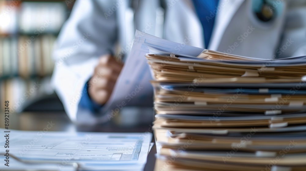Medical personnel work with databases and stacks of documents, databases, storage. Medical personnel work with databases and stacks of documents, databases, storage.