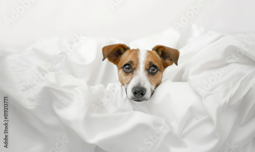jack russell terrier dog looking out of white bed, isolated vector, in the style of lensbaby effect, shaped canvas, 32k uhd, sheet film, close up, charming characters, studio shot against a white photo