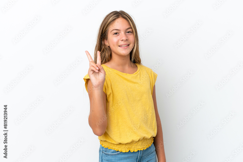 Little caucasian girl isolated on white background smiling and showing victory sign Little caucasian girl isolated on white background smiling and showing victory sign