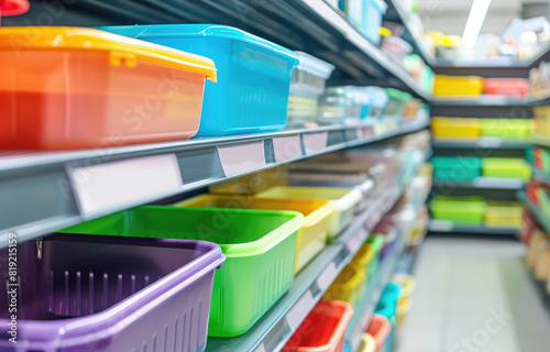 Market aisle shelves with colorful plastic containers tupperware like, very distant side view, all gray colors photo