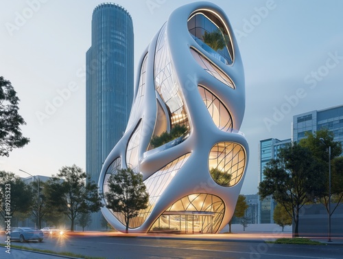 A tall building with a unique shape and a lot of windows. The building is surrounded by trees and a street with cars. Scene is modern and futuristic photo