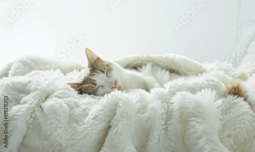  modern cozy interior, dof , jack russle cat sleeping on white blanket, studio shot against a white background