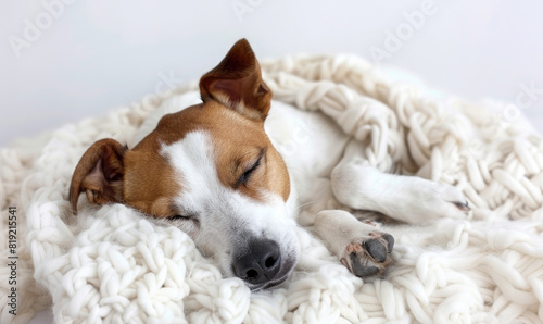 modern cozy interior, dof , jack russle dog sleeping on white blanket, studio shot against a white background