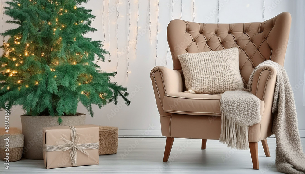 Obraz premium Comfortable armchair on white background with christmas tree and lights 