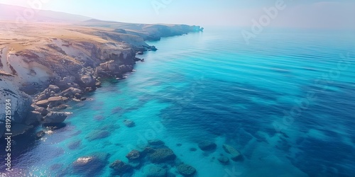 Aerial view of vast turquoise sea and weathered cliffs cinematic landscape shot. Concept Aerial Photography, Turquoise Sea, Weathered Cliffs, Cinematic Landscape Shot