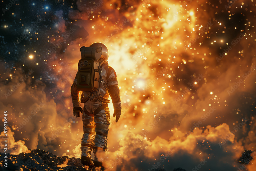 Space Traveler, Spacesuit, Journey to distant galaxies with time dilation effects, Observing stars collapsing and forming, Understanding the essence of time, 3D Render, Backlights, Vignette Space Traveler, Spacesuit, Journey to distant galaxies with time dilation effects, Observing stars collapsing and forming, Understanding the essence of time, 3D Render, Backlights, Vignette