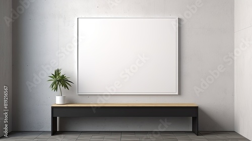 Blank white poster on the wall in modern office with white background and flowerpot