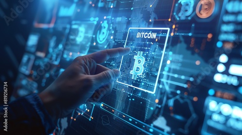 Close up of hand holding bitcoin icon on technological display