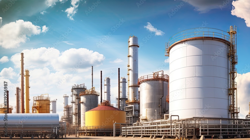 Industrial landscape with oil refinery and blue sky.