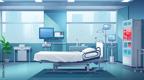 Hospital room with bed and equipment in cartoon style