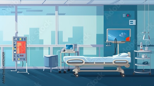 Hospital room interior with empty bed and equipment.