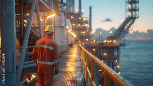 A man standing on the deck of an oil rig. Suitable for industrial concepts