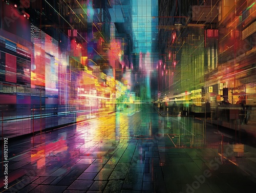 A colorful cityscape with neon lights and reflections on the wet pavement. Scene is vibrant and energetic, with the bright colors and the busy city scene