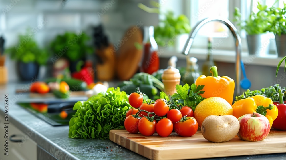 Fresh Vegetables Still Life on Modern Kitchen Counter: Healthy Eating Concept Fresh Vegetables Still Life on Modern Kitchen Counter: Healthy Eating Concept