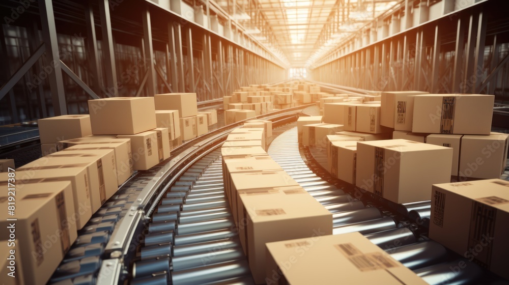 Boxes on conveyor belt in warehouse. Boxes on conveyor belt in warehouse.