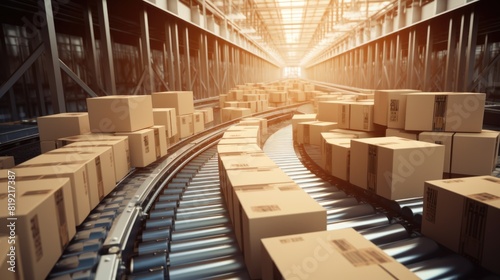 Boxes on conveyor belt in warehouse.